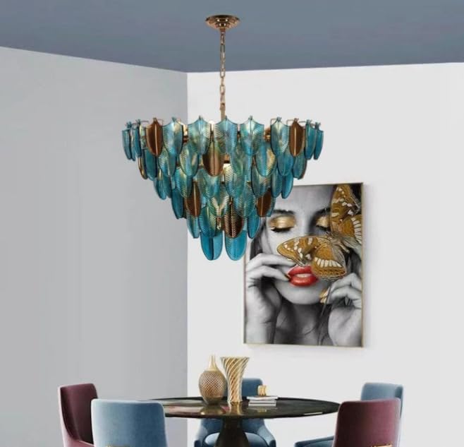 Luxury Aluminum Body Teal-Gold Glass Leaf Chandelier (88421)