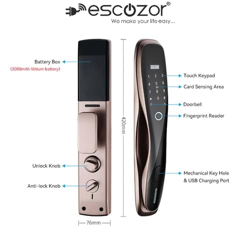Escozor® EMM02 Rose Gold Color Smart Digital Pushpull Fingerprint Lock for Main Door with Fingerprint,Password,Smart Card,Mechanical Keys & WiFi Smart Life Mobile App(35mm to 70mm Door Thickness)