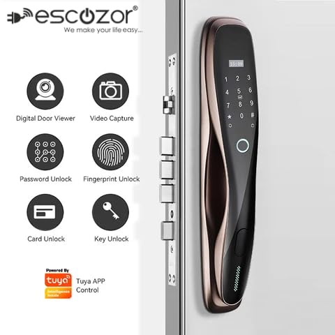 Escozor® EMM02 Rose Gold Color Smart Digital Pushpull Fingerprint Lock for Main Door with Fingerprint,Password,Smart Card,Mechanical Keys & WiFi Smart Life Mobile App(35mm to 70mm Door Thickness)
