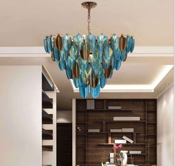 Luxury Aluminum Body Teal-Gold Glass Leaf Chandelier (88421)
