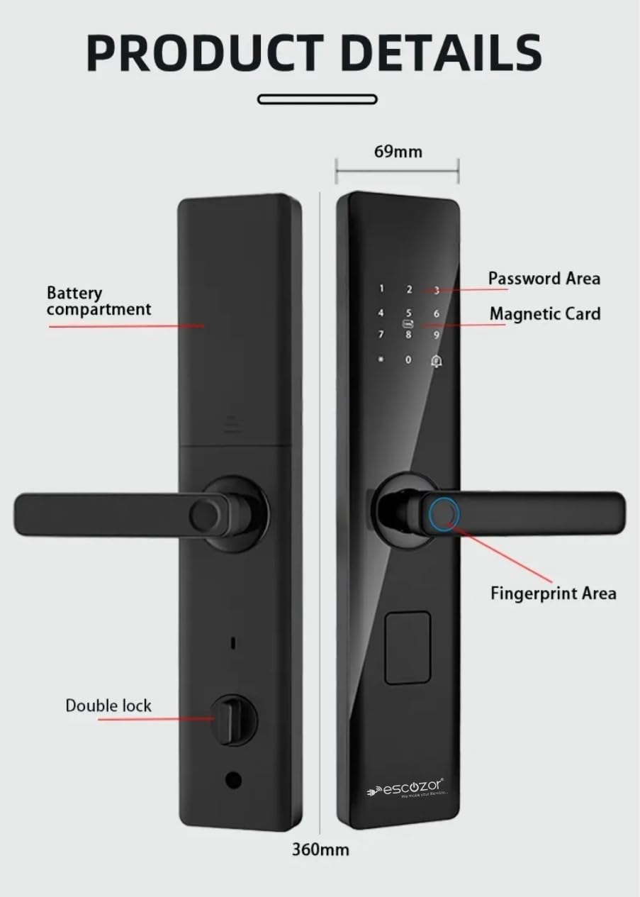 Escozor® H201 Smart Digital Keyless Fingerprint Lock for Main,Safety,Bedroom & Office Door with Password,Smart Card,Mechanical Keys & WiFi Smart Life Mobile App Control(35mm to 70mm Door Thickness)