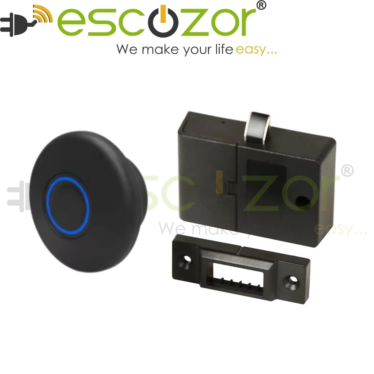 Escozor® Metal Smart Biometric Digital Lock for Cabinet, Drawer, Openable Wardrobe (Not for Sliding) Unlock Using 20 Fingerprints & E-Key (PMF01 with Motorized Lock Body) (Black)