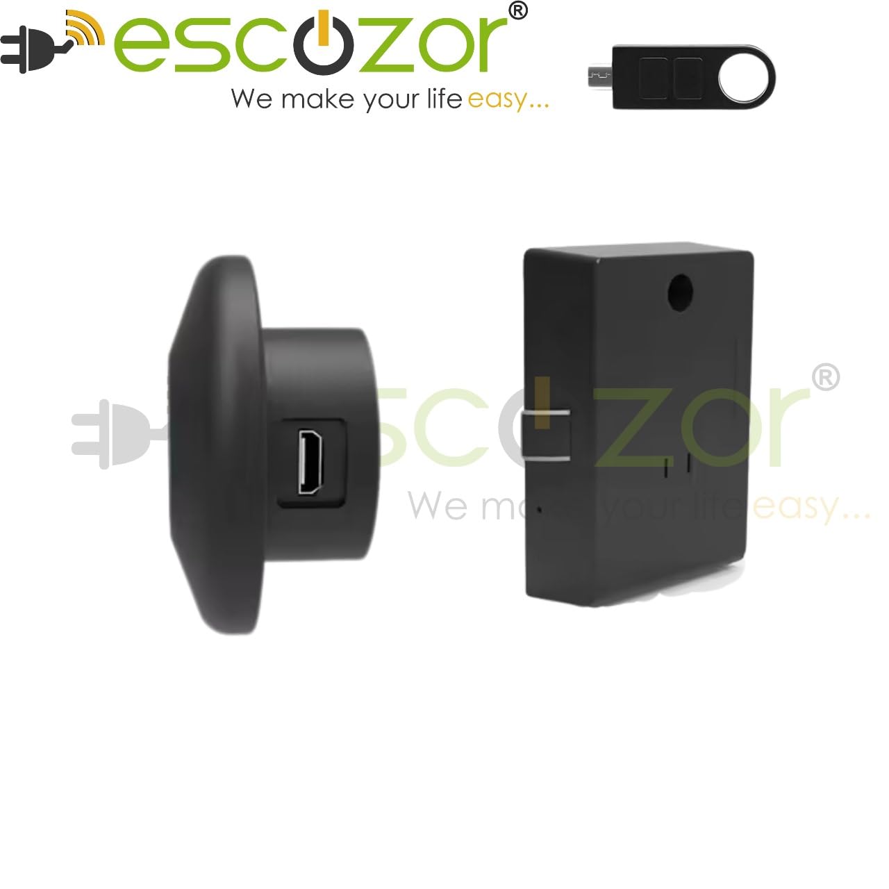 Escozor® Metal Smart Biometric Digital Lock for Cabinet, Drawer, Openable Wardrobe (Not for Sliding) Unlock Using 20 Fingerprints & E-Key (PMF01 with Motorized Lock Body) (Black)