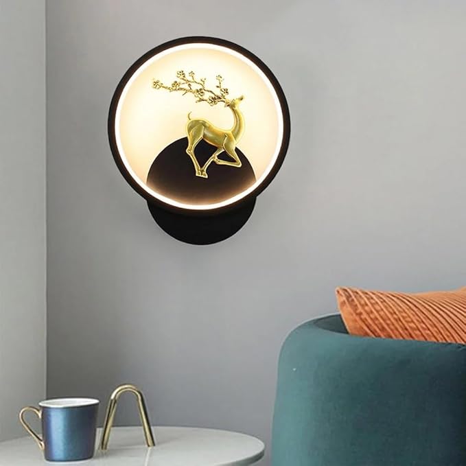 Deer Wall Lights, Stylish Wall lamp | Wall Light | Wall lamp for Living Room | Fancy Lights for Wall, Bedroom, Home Decoration, Color-Warm White+Natural White+Cold White(Black(Round)-Deer) WLD01 C