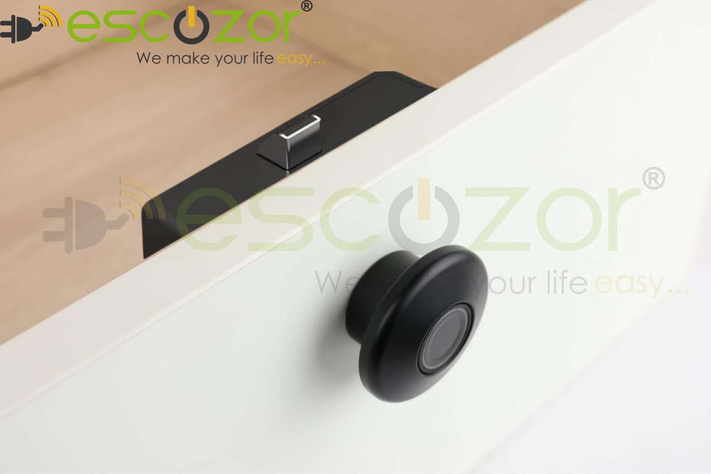 Escozor® Metal Smart Biometric Digital Lock for Cabinet, Drawer, Openable Wardrobe (Not for Sliding) Unlock Using 20 Fingerprints & E-Key (PMF01 with Motorized Lock Body) (Black)