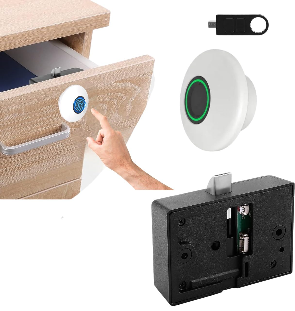 Escozor® Metal Smart Biometric Digital Lock for Cabinet, Drawer, Openable Wardrobe (Not for Sliding) Unlock Using 20 Fingerprints & E-Key (PMF01 with Motorized Lock Body) (Black)