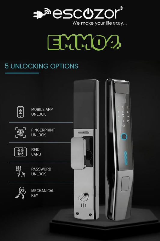 Escozor® EMM04 Premium Smart Digital Pushpull Fingerprint Lock for Main Door with Fingerprint,Password,Smart Card,Mechanical Keys & WiFi Smart Life Mobile App(35mm to 70mm Door Thickness)