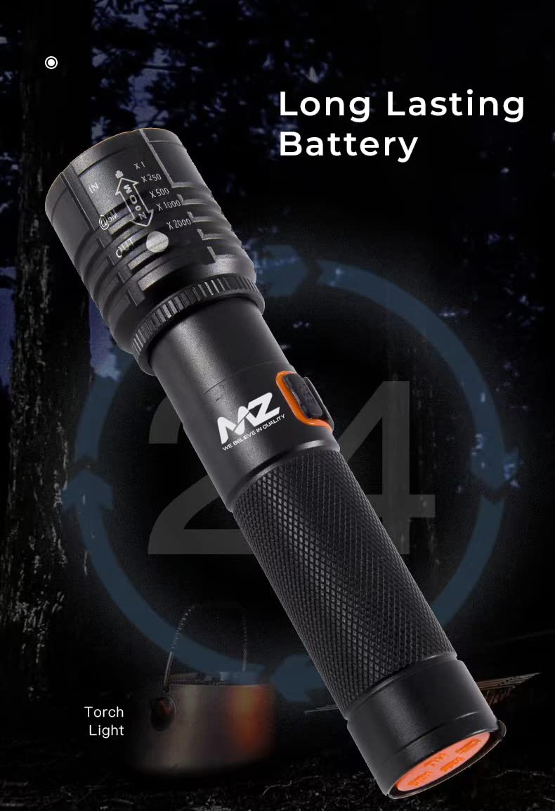 MZ M035 (ZOOMABLE LED Metal Torch) 4 Modes Flashlight, Super Bright Cree T6 LED Light Torch C-Type Charging Port