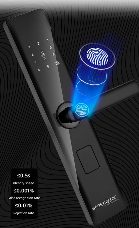 Escozor® H201 Smart Digital Keyless Fingerprint Lock for Main,Safety,Bedroom & Office Door with Password,Smart Card,Mechanical Keys & WiFi Smart Life Mobile App Control(35mm to 70mm Door Thickness)