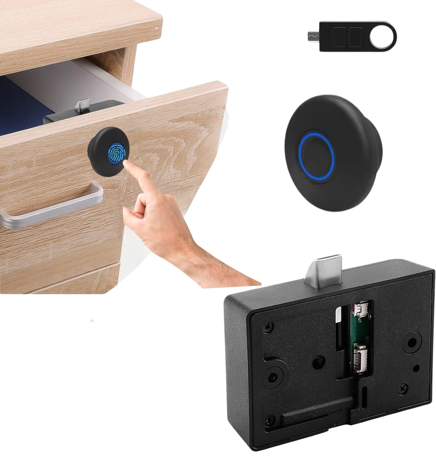 Escozor® Metal Smart Biometric Digital Lock for Cabinet, Drawer, Openable Wardrobe (Not for Sliding) Unlock Using 20 Fingerprints & E-Key (PMF01 with Motorized Lock Body) (Black)