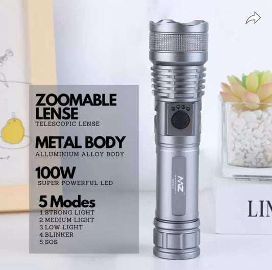 Daddy Torch Zoomable Metal Torch 5 Modes Flashlight Rechargeable 1 Year Warranty MT183