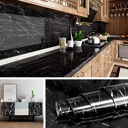 Marble Wallpaper for Kitchen Counter Top Sheet Covers Black Countertop Peel and Stick Contact Paper for Countertops Waterproof Desk Dresser Table Cover Oil Proof kitchen stickers 15.8x78.8"
