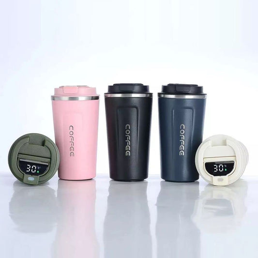 Temperature Display Indicator Sipper 380ML Vacuum Insulated Stainless Steel Tea Coffee Mug Thermos Flask Travel Mug - Tumbler with Flip Lid Mesh Filter Hot and Cold for 3 Hours