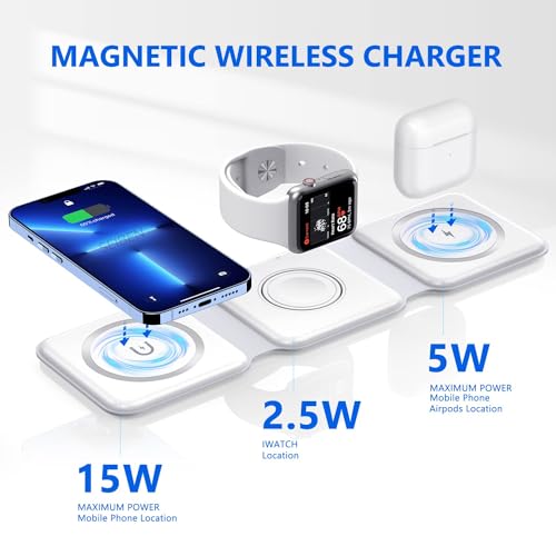 3 in 1 Magnetic Foldable MagSafe Compatible Wireless Charger for iPhone 15 to 12 Series | Compatible with All Apple Watch Series | AirPods 2, 3, Pro | 23W Charging | Wireless Charger