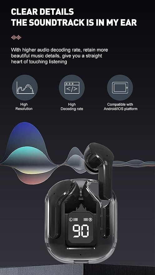 M101 Wireless TWS Earbuds with Transparent Charging Case and LED Digital Display, Bluetooth V5.3 Headphones, Type-C Charging, Smart Touch Control