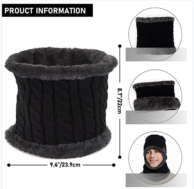 Woolen Winter Cap Beanie Hat and Knitted Windproof Neck Warmer Scarf Combo Set for Neck and Ears with Ultra Soft Thick Fleece Lined Snow-Proof Skull Caps for Winters Travelling & Snowboarding
