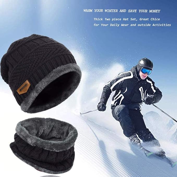 Woolen Winter Cap Beanie Hat and Knitted Windproof Neck Warmer Scarf Combo Set for Neck and Ears with Ultra Soft Thick Fleece Lined Snow-Proof Skull Caps for Winters Travelling & Snowboarding