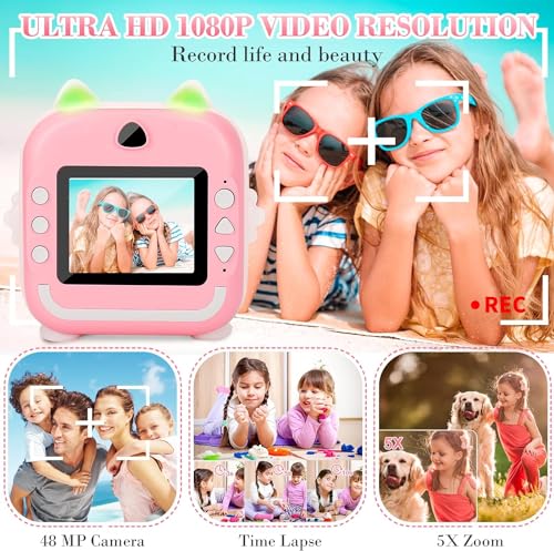 Instant Toddler Digital Print Camera with 1080P HD with 3 Rolls Photo Paper 32GB SD Card Supported Inkless Sticker Printer for Girls Boys Age 3-12 (Colour May Vary)