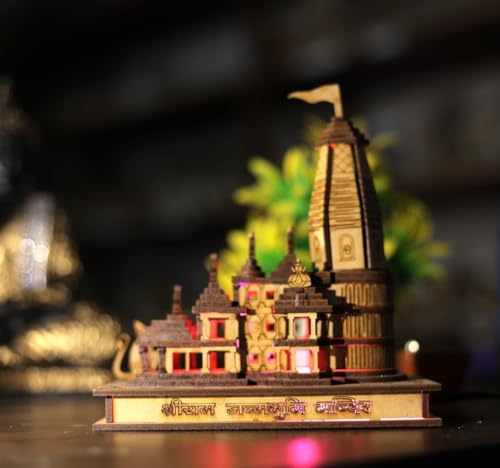 Sri Ram Janmabhoomi Wooden Temple Model with Multi LED Light Ram Mandir Size 6 Inches