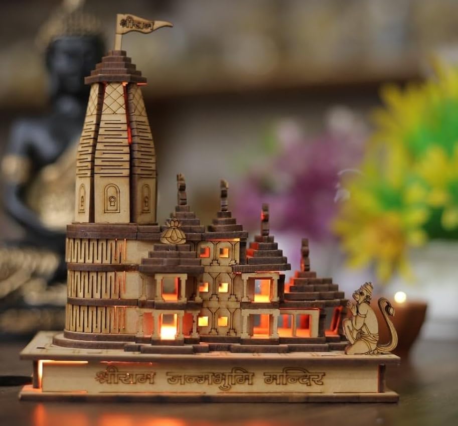 Sri Ram Janmabhoomi Wooden Temple Model with Multi LED Light Ram Mandir Size 6 Inches