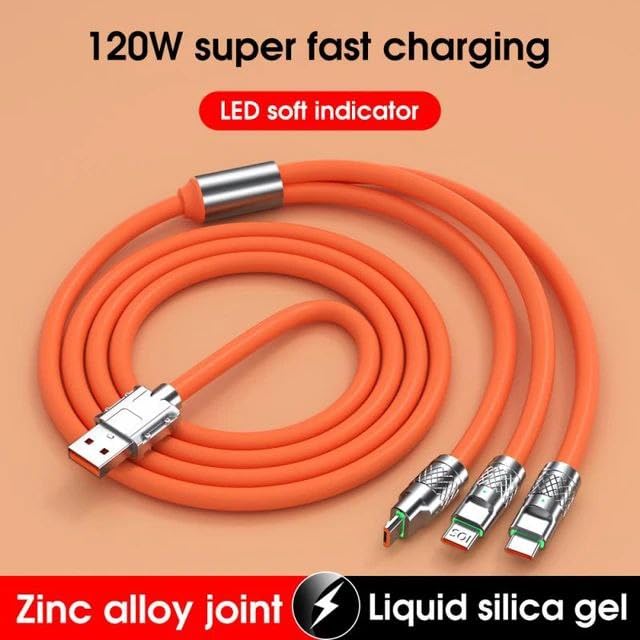 3-In-1 Fast Charge Cable, 120w Fast Charge Silicone Data Cables,LED Indicator Flexible Rotary