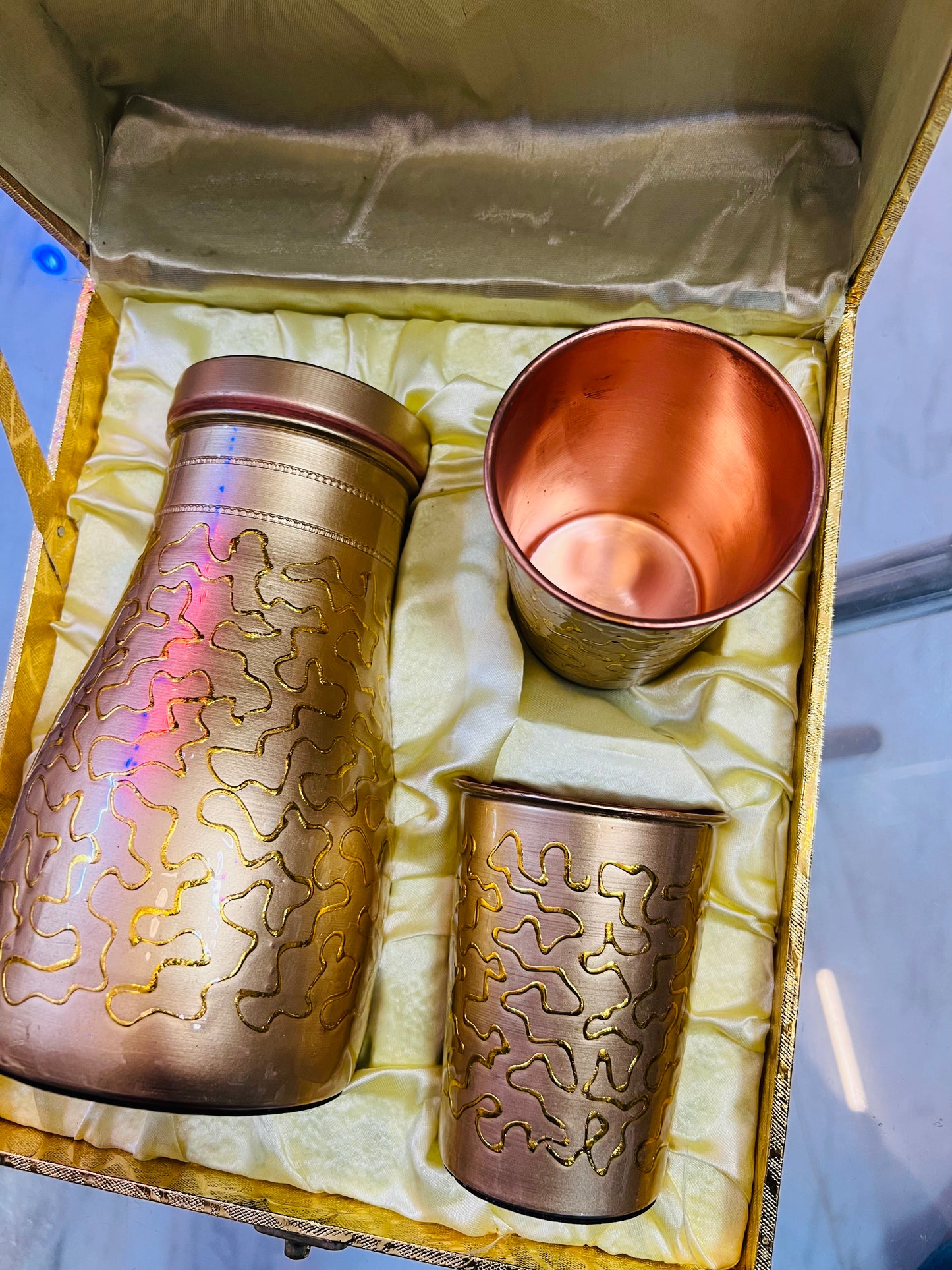 Set of Copper Jug and two Glasses in Golden Box Packing