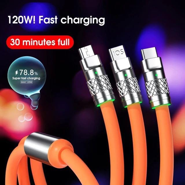 3-In-1 Fast Charge Cable, 120w Fast Charge Silicone Data Cables,LED Indicator Flexible Rotary