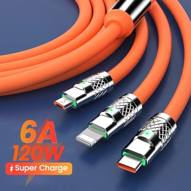 3-In-1 Fast Charge Cable, 120w Fast Charge Silicone Data Cables,LED Indicator Flexible Rotary