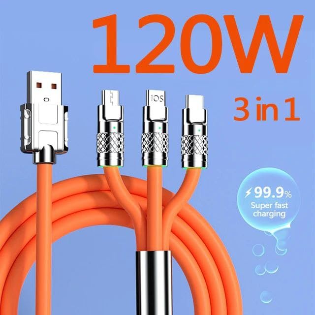 3-In-1 Fast Charge Cable, 120w Fast Charge Silicone Data Cables,LED Indicator Flexible Rotary
