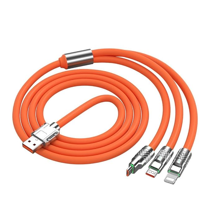 3-In-1 Fast Charge Cable, 120w Fast Charge Silicone Data Cables,LED Indicator Flexible Rotary