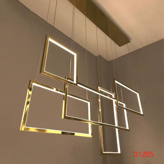 Modern Metallic LED Golden 5 Interlocked Squares Rectangles Pendant Hanging Chandelier