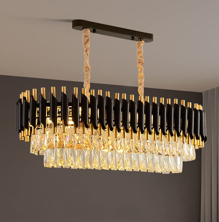 Black Golden Metal Rectangular Crystal Chandelier with 40W Led 3 Colours Changing, Ceiling light for living room, bed room, Jhumar for Hall Black Mamba (BM01)