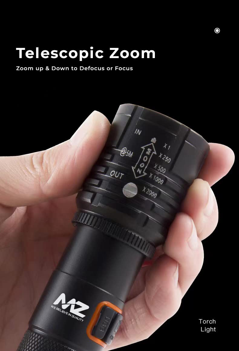 MZ M035 (ZOOMABLE LED Metal Torch) 4 Modes Flashlight, Super Bright Cree T6 LED Light Torch C-Type Charging Port