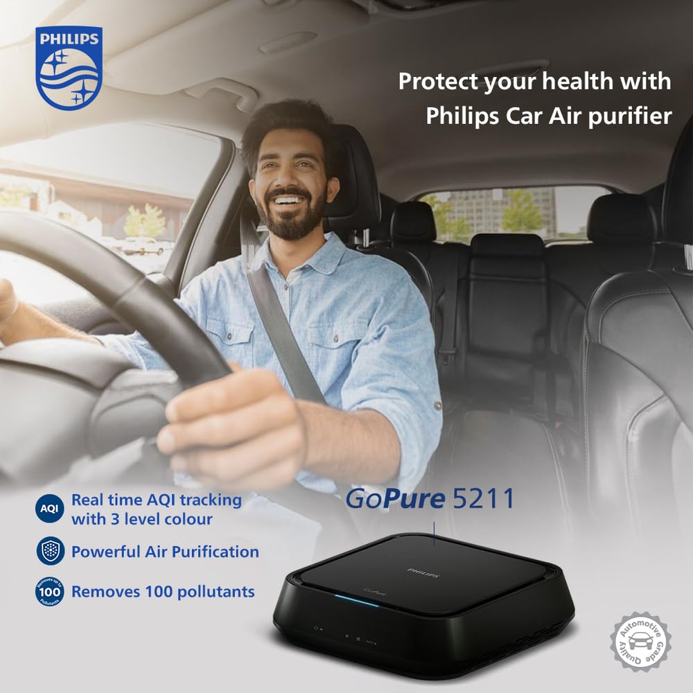 Philips GoPure GP5211 Car Air Purifier (Black) With HEPA and HESA Fliter 3 Color AQI Indicator, Filter PM2.5, Toxic gases, NO2/SO2 fumes. Airmid certified filter