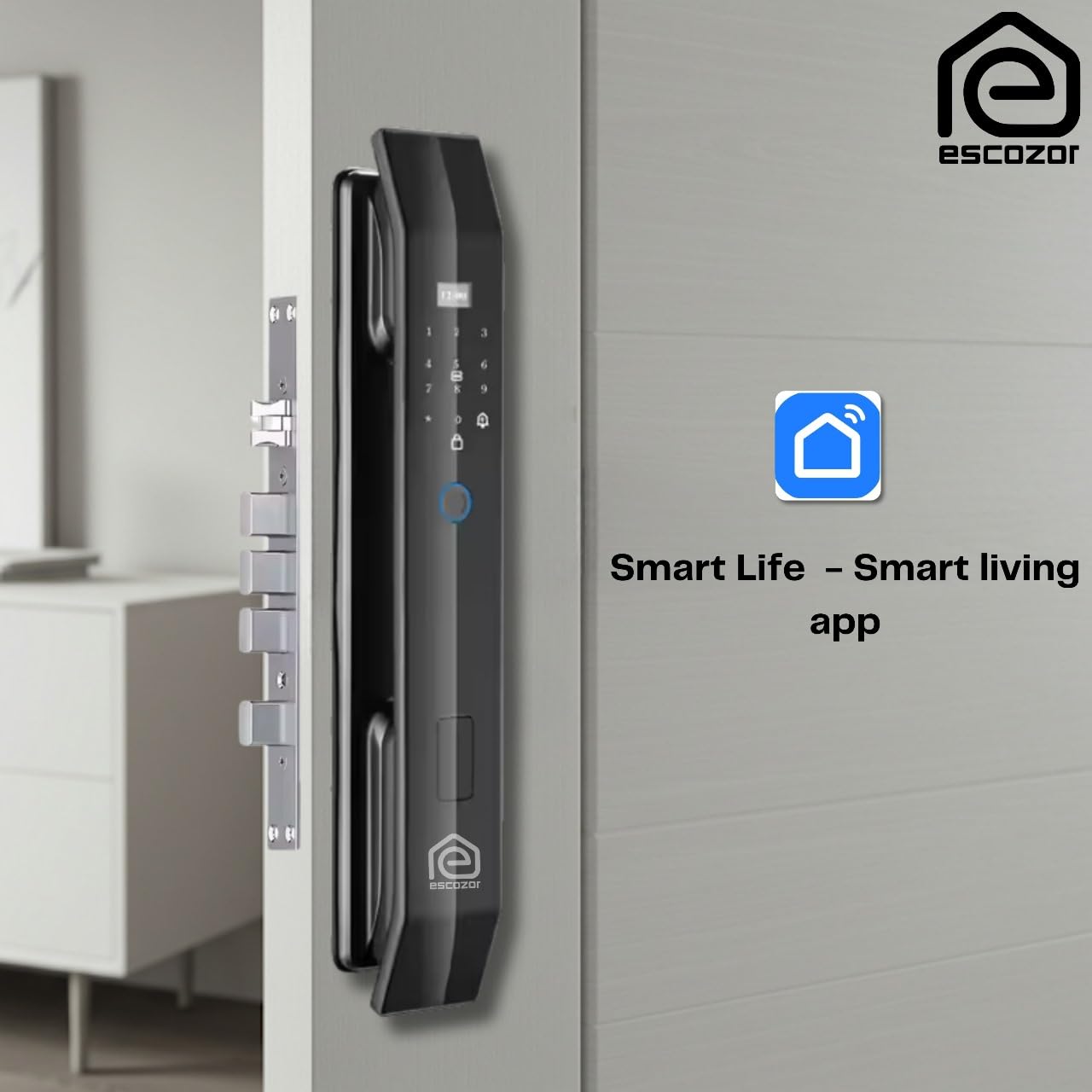Escozor® XM01 Core Smart Digital Pushpull Fingerprint Lock for Main Door with Fingerprint,Password,Smart Card,Mechanical Keys & WiFi Smart Life Mobile App(35mm to 70mm Door Thickness)