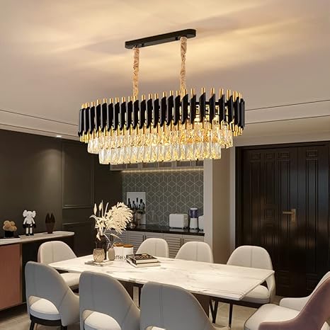 Black Golden Metal Rectangular Crystal Chandelier with 40W Led 3 Colours Changing, Ceiling light for living room, bed room, Jhumar for Hall Black Mamba (BM01)
