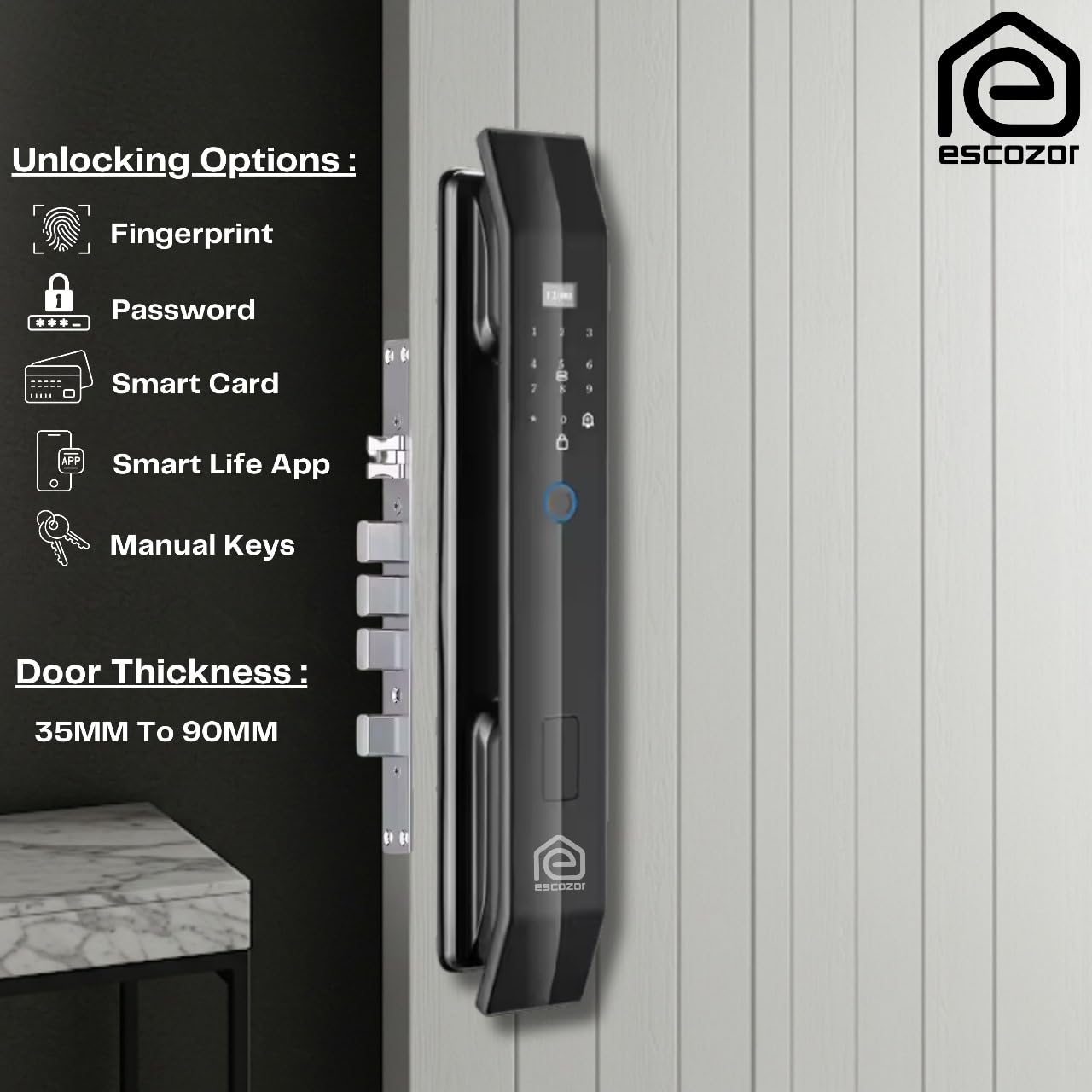 Escozor® XM01 Core Smart Digital Pushpull Fingerprint Lock for Main Door with Fingerprint,Password,Smart Card,Mechanical Keys & WiFi Smart Life Mobile App(35mm to 70mm Door Thickness)
