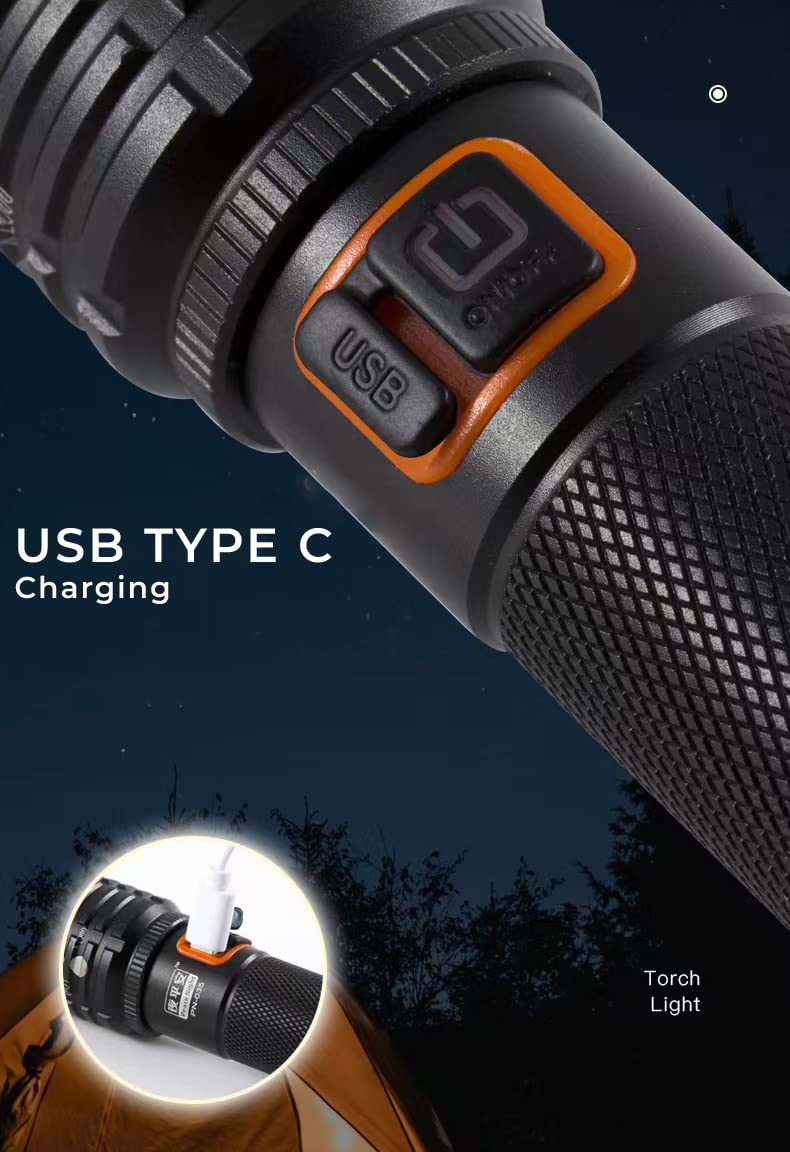 MZ M035 (ZOOMABLE LED Metal Torch) 4 Modes Flashlight, Super Bright Cree T6 LED Light Torch C-Type Charging Port