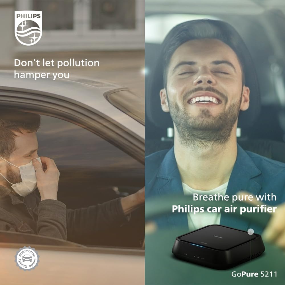 Philips GoPure GP5211 Car Air Purifier (Black) With HEPA and HESA Fliter 3 Color AQI Indicator, Filter PM2.5, Toxic gases, NO2/SO2 fumes. Airmid certified filter