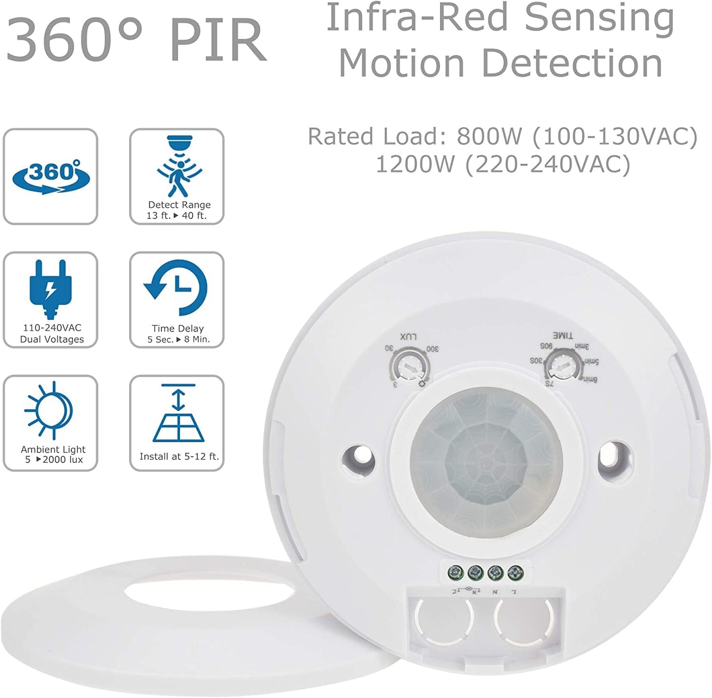 360 Degree PIR Motion Sensor with Light Sensor, Energy Saving Motion Detector Switch with 18 Months Warranty (Ceiling Mounted)