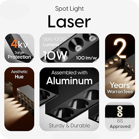 Aluminium 10W Black Finish Square Laser Surface Led Cob Spot, Focus, Down Ceiling Light, Surface Light (Warm White), With 2 Years Warranty