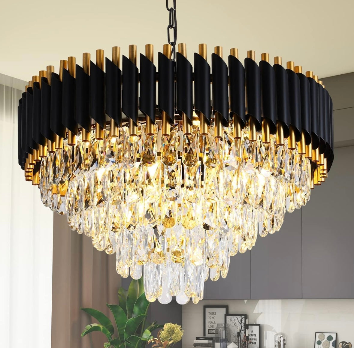 BLACK MAMBA |Black Gold Metal with Crystal Chandelier | 40W LED 3 Colors Changing