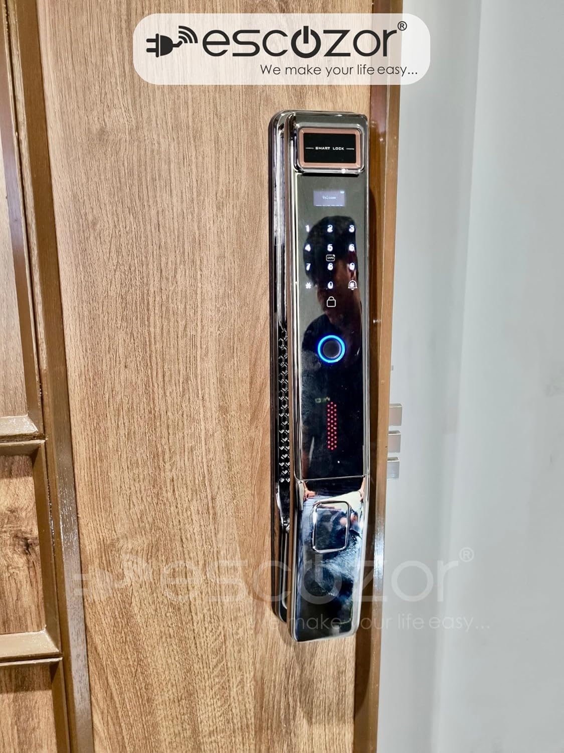 Escozor® EMM04 Premium Smart Digital Pushpull Fingerprint Lock for Main Door with Fingerprint,Password,Smart Card,Mechanical Keys & WiFi Smart Life Mobile App(35mm to 70mm Door Thickness)