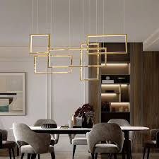 Modern Metallic LED Golden 5 Interlocked Squares Rectangles Pendant Hanging Chandelier