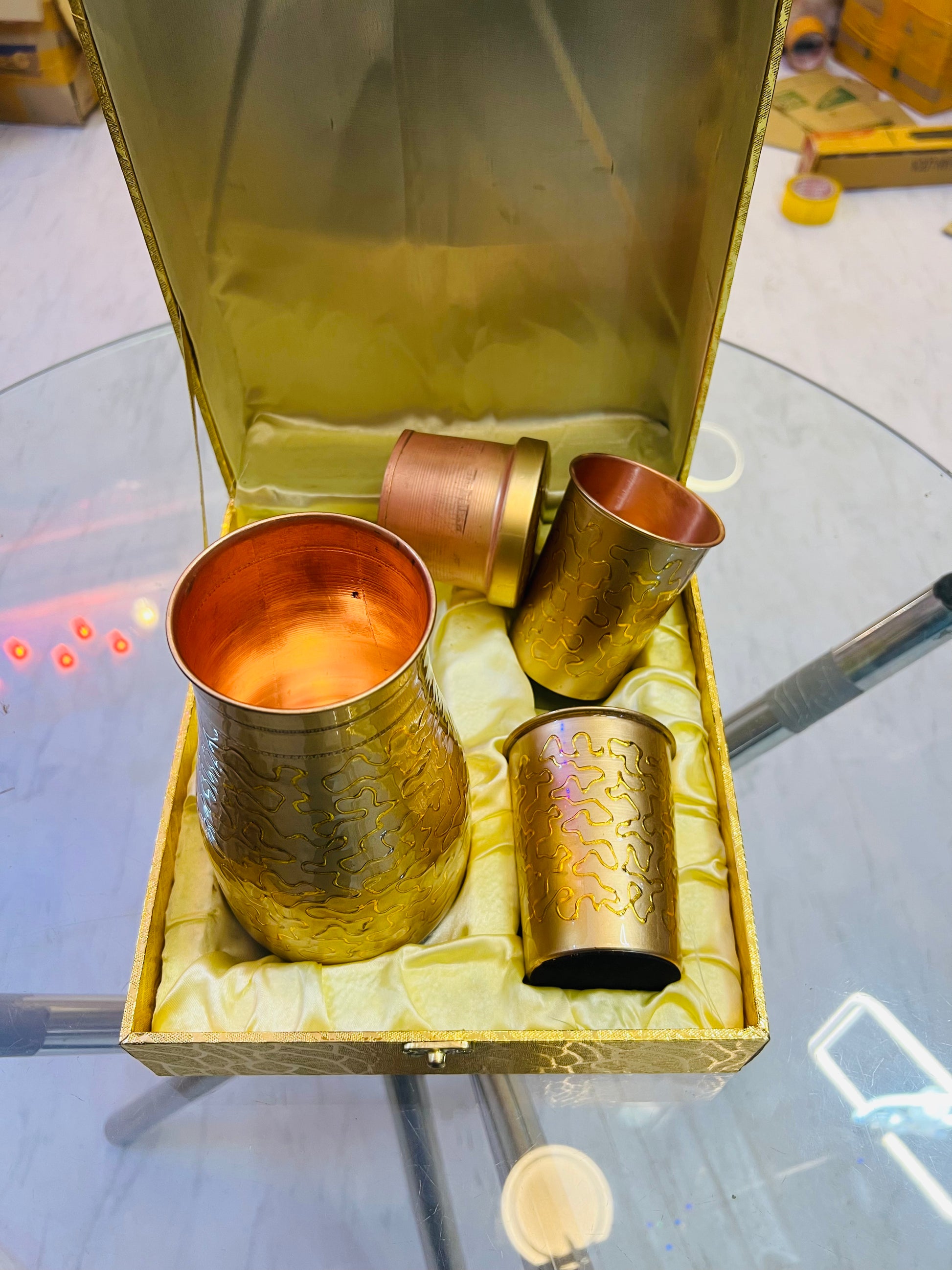 Set of Copper Jug and two Glasses in Golden Box Packing 8M Zone