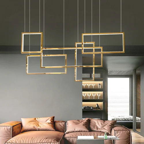 Modern Metallic LED Golden 5 Interlocked Squares Rectangles Pendant Hanging Chandelier