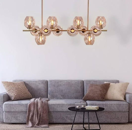 12 Light PVD Coated Gold Metal Amber Glass Chandelier Ceiling Light