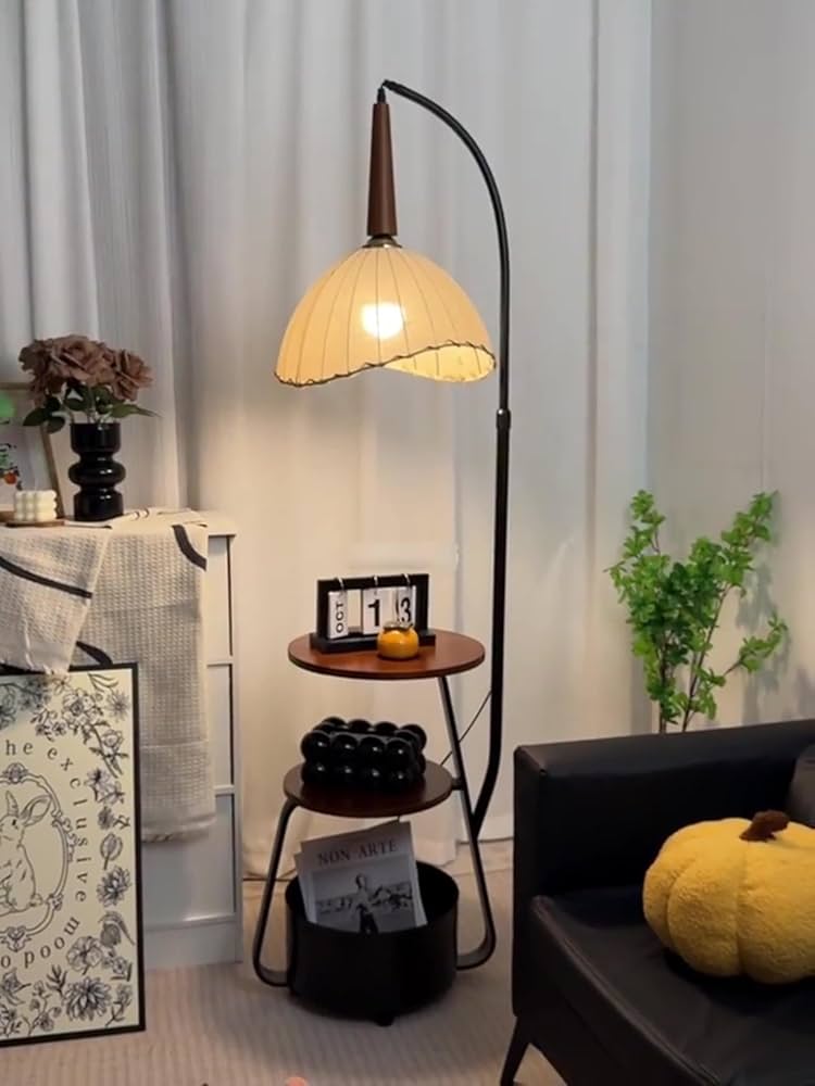 Modern Floor Lamp with Side Table & Fabric Shade | ML058