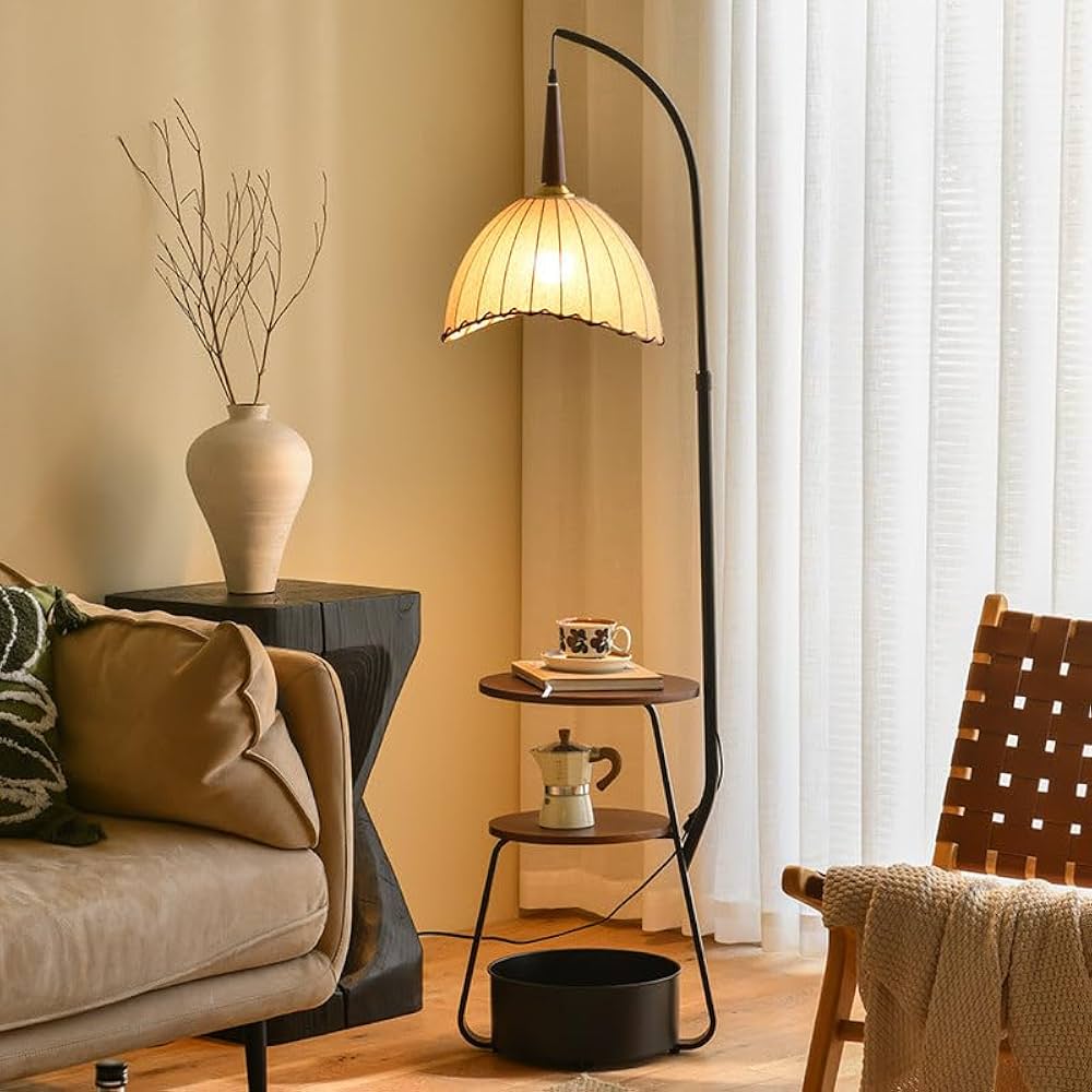 Modern Floor Lamp with Side Table & Fabric Shade | ML058