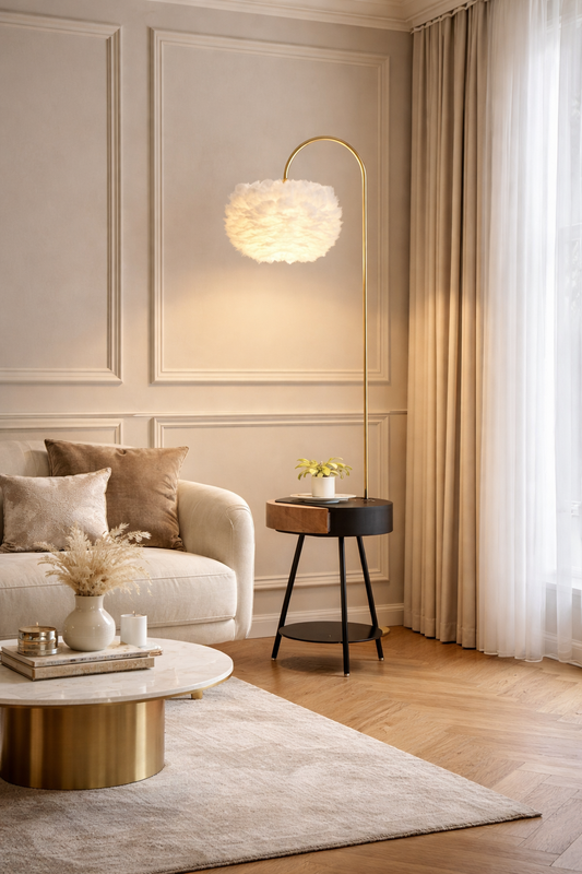 Feather Floor Lamp With Bedside Table Shelf | SY9073